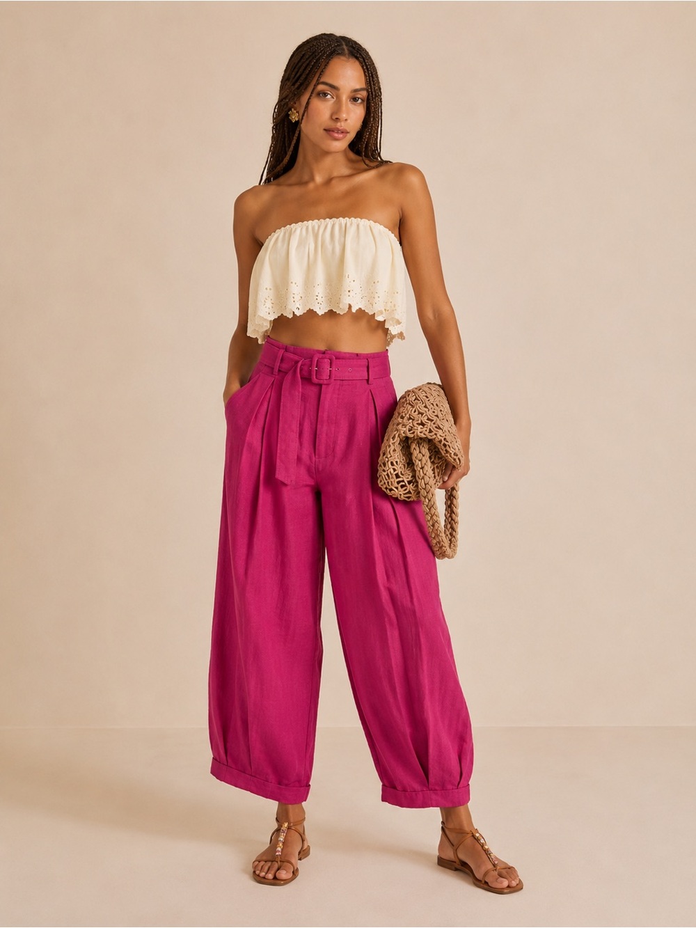 Farm Rio Hot Pink 100% Linen Belted Balloon Trousers Pants Size Medium